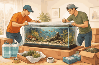 Илюстрация на хамали, които внимателно опаковат аквариум с риби и растения преди преместване