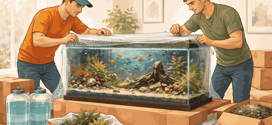 Илюстрация на хамали, които внимателно опаковат аквариум с риби и растения преди преместване