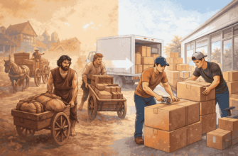 Илюстрация, показваща развитието на хамалските услуги от ръчно пренасяне с каруци до модерно преместване с камиони и организирани екипи