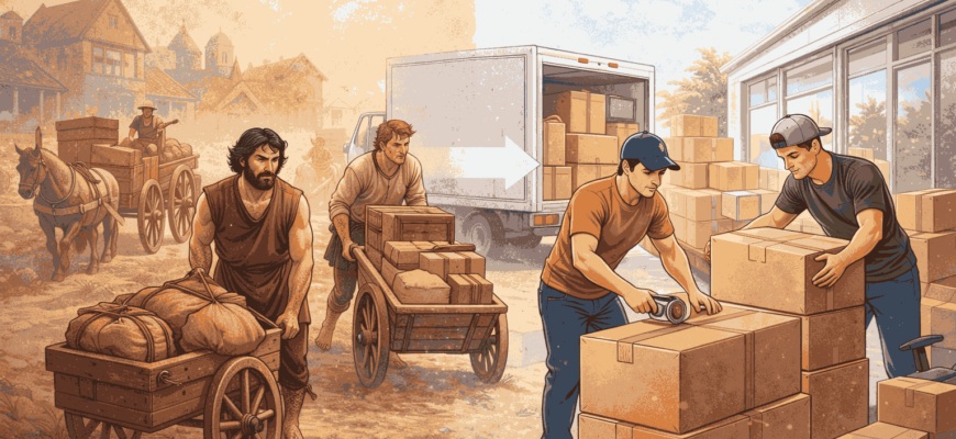 Илюстрация, показваща развитието на хамалските услуги от ръчно пренасяне с каруци до модерно преместване с камиони и организирани екипи
